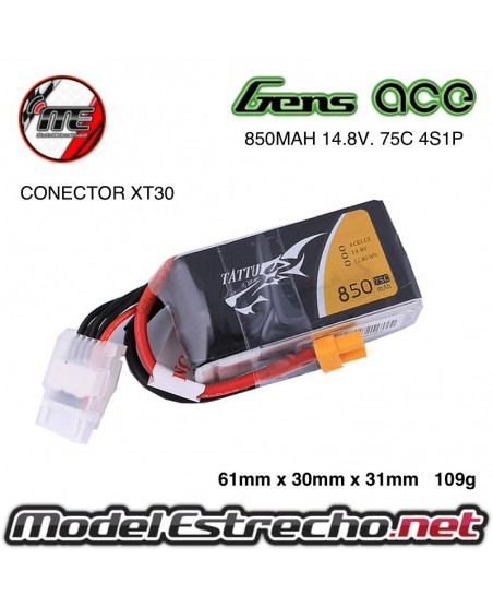 BATERIA GENS ACE TATTU 850MAH 14.8V. 75C 4S1P CONECTOR XT30. TA-75C-850-4S1P-XT30