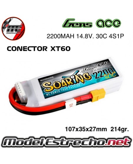 GENS ACE SOARING 2200mah 14.8v. 30c 4S1P XT60 

Ref: GEA22004S30X6