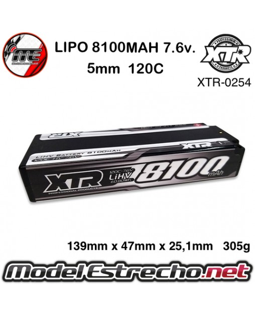 BATERIA LIPO 8100mah 7.6HV 5mm 120C

Ref: XTR-0254