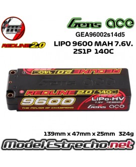 GENS ACE REDLINE 2.0 SERIES 9600MAH 7.6v. 140C HV 2S1P HARDCASE