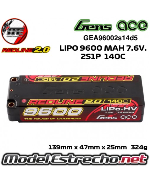 GENS ACE REDLINE 2.0 SERIES 9600MAH 7.6v. 140C HV 2S1P HARDCASE