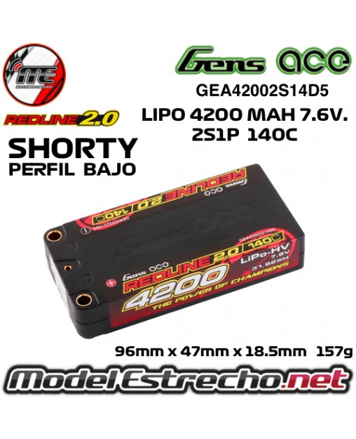 Gens Ace REDLINE 2.0 SERIES 4200mha SHORTY 7,6v HV. 140C 2S1P HC 5.0mm GEA42002S14D5 GA42002S14D5