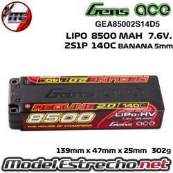 GENS ACE REDLINE 2.0 SERIES 8500MAH 7.6v. 140C HV 2S1P HARDCASE GEA85002S14D5