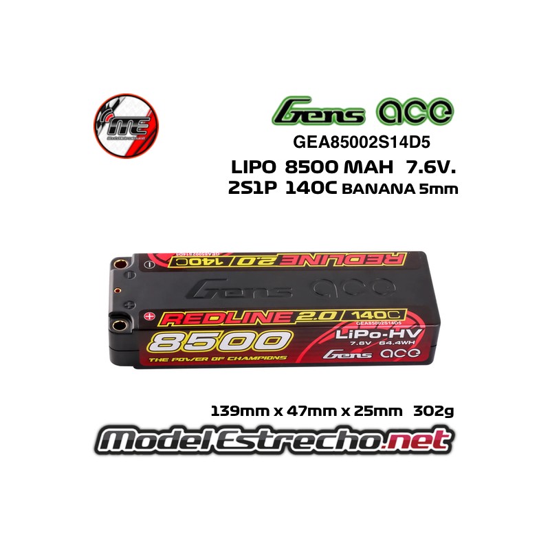 GENS ACE REDLINE 2.0 SERIES 8500MAH 7.6v. 140C HV 2S1P HARDCASE GEA85002S14D5