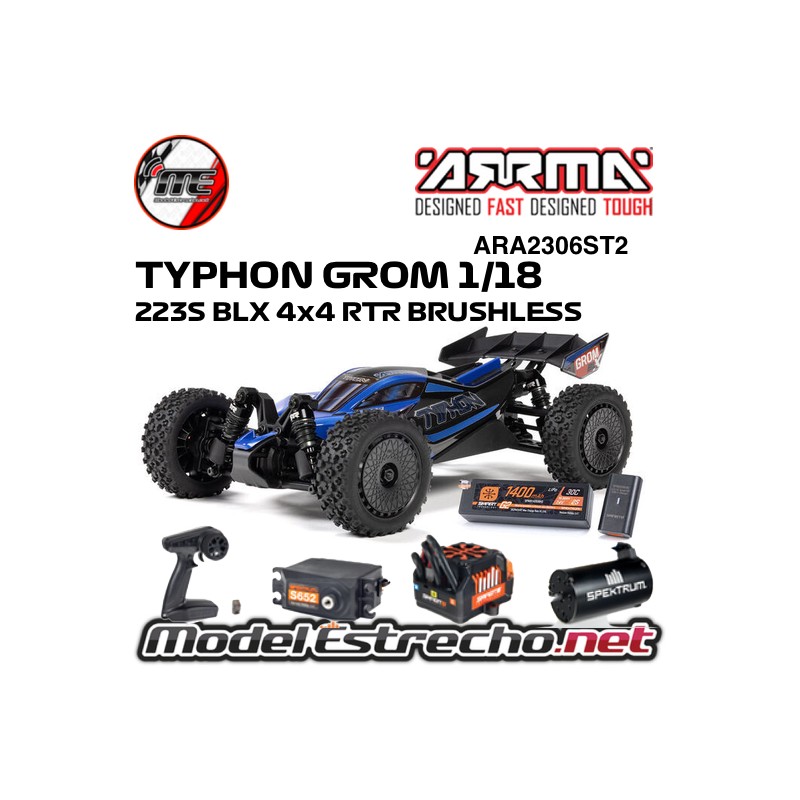ARRMA TYPHON GROM 1/14 223S BLX BRUSHLESS 4WD BUGGY AZUL RTR CON BATERIA Y CARGADOR ARA2306ST2