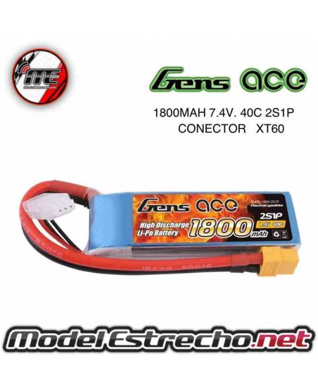 Gens Ace 1800mah 7,4v 40C 2S1P LIPO BATERIA PACK CON XT60 

Ref: B-40C-1800-2S1P